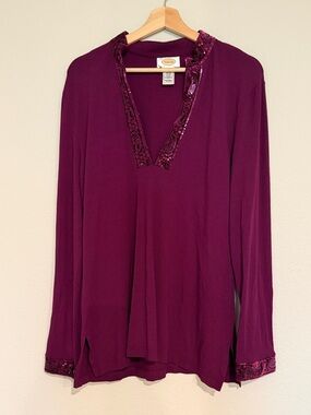 Talbots Plum V-Neck Tunic with Sequin Trim
